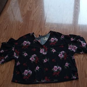 Express Size Large V Neck Double Ruffled Sleeve Black w/flowers